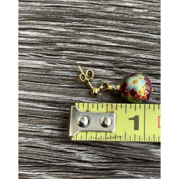 Vintage Cloisonne Earrings Carnelian Earrings Enamel Red White Round Dangle 1” - Picture 4 of 12